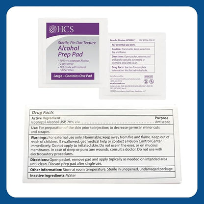 HCS Large Alcohol Prep Pads - 70% Isopropyl Alcohol Wipes, Individually Wrapped - 2 ply, Textured, Sterile Skin Prep Swabs (400/Box)