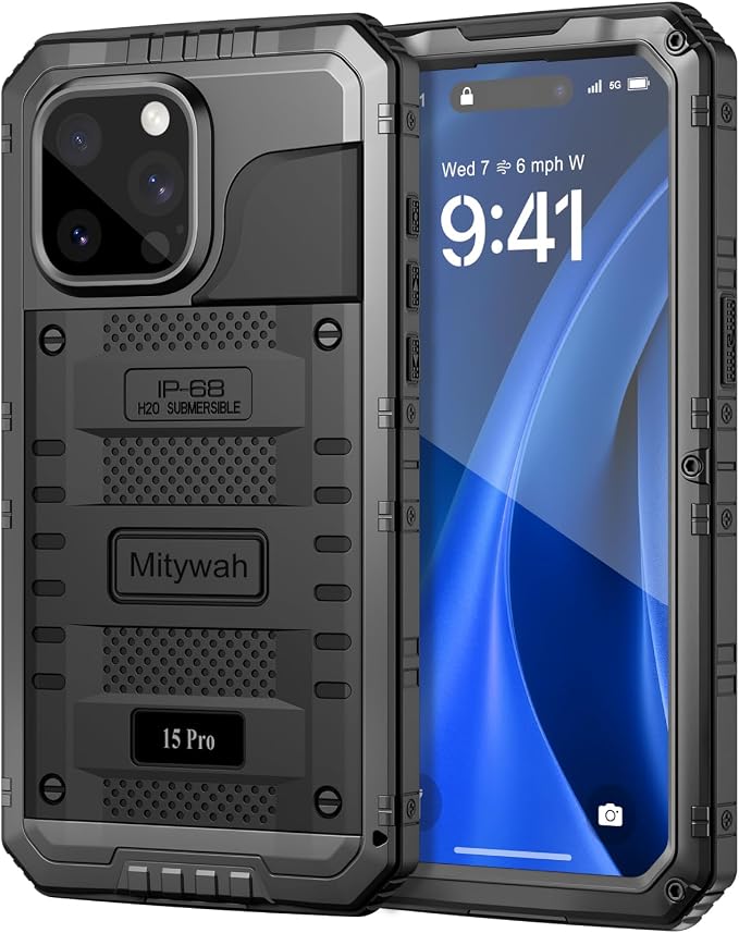 Mitywah Waterproof Case for iPhone 15 Pro, Heavy Duty Shockproof Case with Built-in Screen Protector, Full Body Underwater Protective Metal Case 6.1 inch, Black