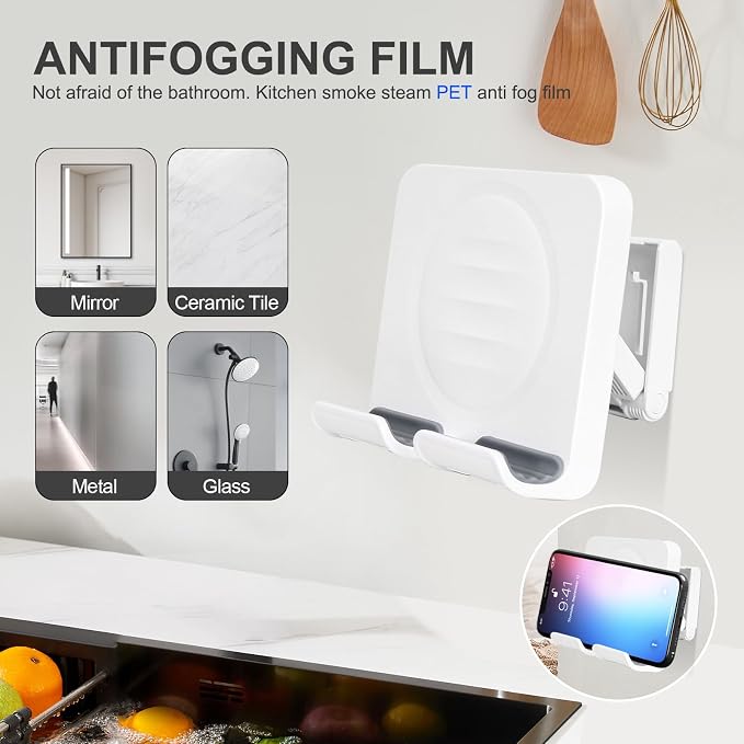 Shower Phone Holder, Shower Phone Mount with 3PCS Adhesive Stickers Wall Mount Phone Holder for Bathroom Bedroom Kitchen Compatible with iPhone Series, Other Smartphones and Ipad, White