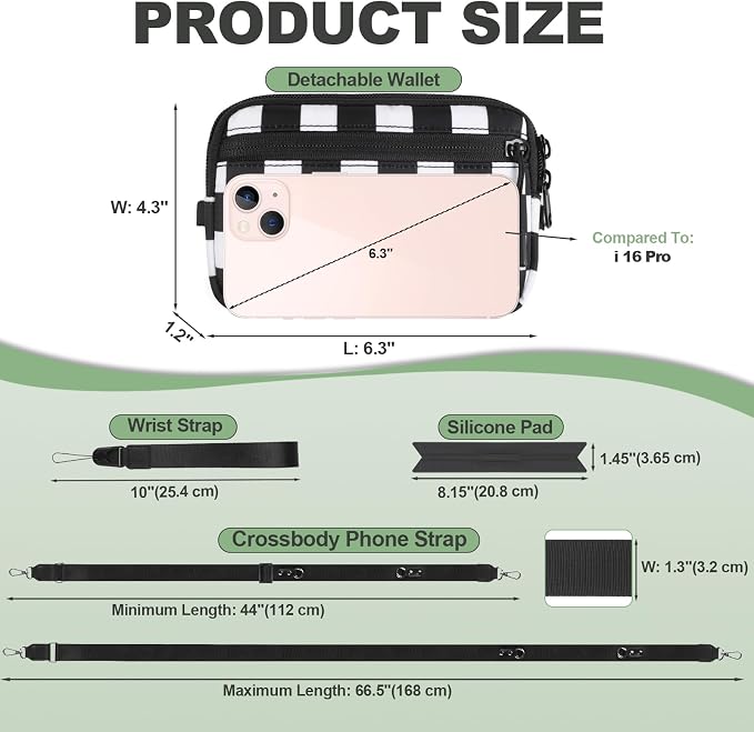 YFWE Clip and Go Strap for Phone with Wallet Crossbody, Adjustable Phone Lanyard with Detachable RFID Wristlet Wallet, Phone Strap with Phone Tabs for All Phones, Black Checkered (M)