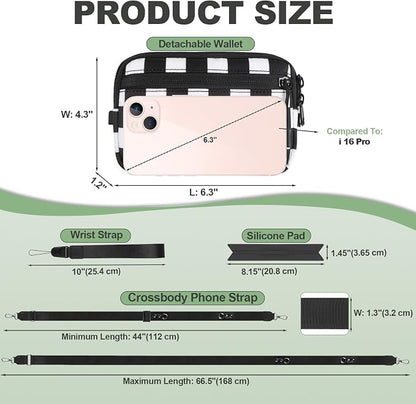 YFWE Clip and Go Strap for Phone with Wallet Crossbody, Adjustable Phone Lanyard with Detachable RFID Wristlet Wallet, Phone Strap with Phone Tabs for All Phones, Black Checkered (M)