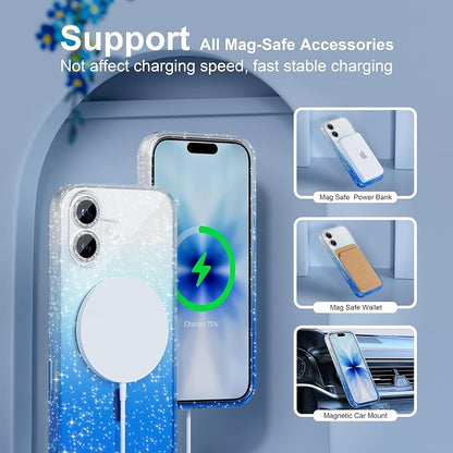 Choiche Magnetic for iPhone 17 Case Compatible with MagSafe, Women Cute Glitter Sparkly Phone Case with Diamond Camera Lens Protectors, Military-Grade Drop Protection 6.3" (Clear/Blue)