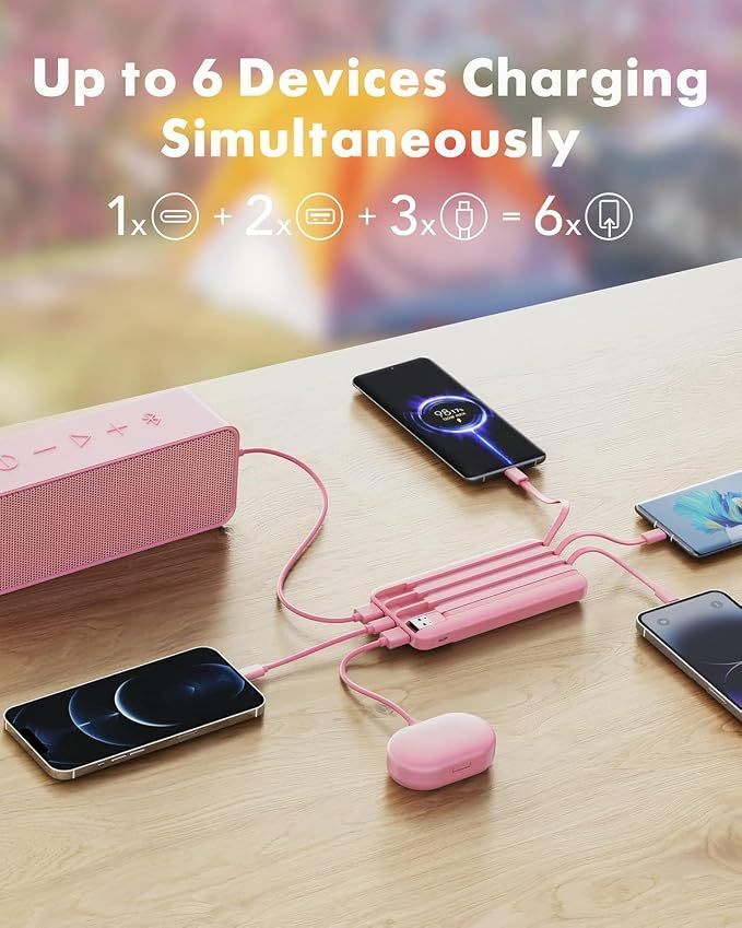charmast 10000mAh Portable Charger,Built-in 4 Cables,6 Outputs/3 Inputs,3A Fast Charging,Compatible with iPhone,iPad,Samsung,Pixel,LG