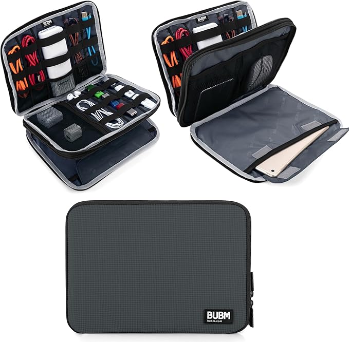 BUBM Double Layer Electronics Organizer, Travel Gadget Bag for Cables, Memory Cards, Flash Hard Drive and More, Fit for iPad or Tablet(up To 9.7")--Large, Gray | Travel Gadget Bag For Cables, Memory Cards, Flash Hard Drive and More, Fit For iPad or Tab...