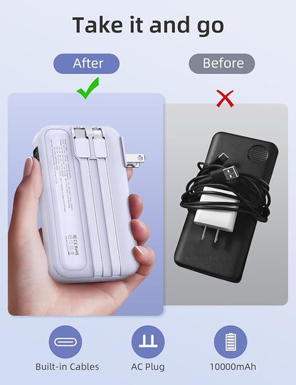 RORRY Portable Charger w/Wall Plug 10000mAh Power Bank 22.5W Battery Pack | Built in Cables, Fast Charging, for iPhone, iPad, Samsung Galaxy, Pixel, LG, Travel Essential, Digital Display, Pocket Size