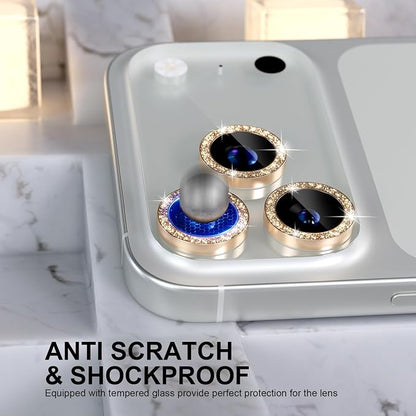 Choiche Compatible for iPhone 17 Pro/iPhone 17 Pro Max Camera Lens Protector Bling, 9H Tempered Glass Camera Cover Screen Protector Metal Ring Decoration Accessories (Glitter-Gold)
