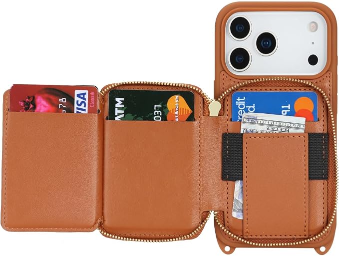 Crossbody Wallet Case for iPhone 17 Pro, PU Leather Zipper Handbag Purse Flip Cover, Kickstand Folio Case with Card Slots Holder Wrist Strap Lanyard 5G 6.3 Inch-Brown