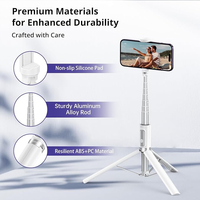 ATUMTEK 68.5" Selfie Stick Tripod, Extendable Aluminum Tripod with Rechargeable Bluetooth Remote, Compatible with iPhone and Android Smartphones, Perfect for Travel, Vlog, Video and Photo, White