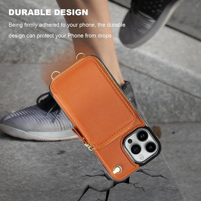 Bocasal for MagSafe Crossbody Wallet Case Compatible with iPhone 13 Pro Max, RFID Blocking Protective Purse Case with Card Slots Holder Kickstand Wrist Strap Lanyard Zipper 6.7 Inch 5G (Brown)