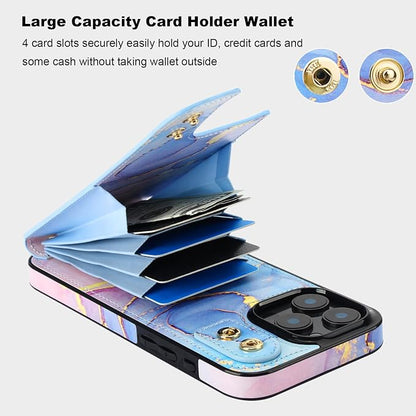 HAOPINSH for iPhone 16 Pro Max Wallet Case with Card Holder, 360°Rotation Ring Kickstand, Pink Blue Marble Pattern, RFID Blocking Leather for Girls Women, Double Buttons Protective Cover 6.9"