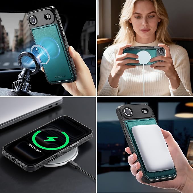 Strapurs for iPhone Air Detachable Wallet Case Compatible with Magsafe for Women, RFID Blocking 9-Card Holder Zipper Strap Lanyard PU Leather Magnetic Phone Case for iPhone 17 Air 6.5", Blue Green