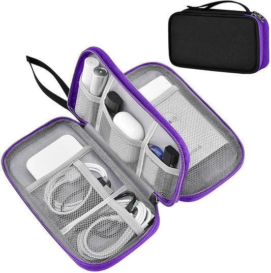 ZINMARK Portable Cable Organizer Case,Travel Pouch with Double-Layer Storage for Cables,Chargers,Earbuds & Phone,Black Purple– Small Size
