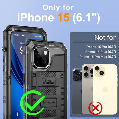 Mitywah Waterproof Case for iPhone 15, Heavy Duty Shockproof Case with Built-in Screen Protector, Full Body Underwater Protective Metal Case 6.1 inch, Black