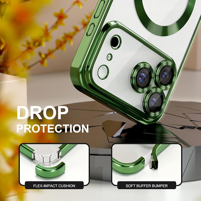Misea Magnetic for iPhone 17 Pro Max Case Compatible with MagSafe [Never Yellowing] [Military Grade Drop Protection] Full Camera Lens Protector Plating Soft Clear Phone Case for Women, Green