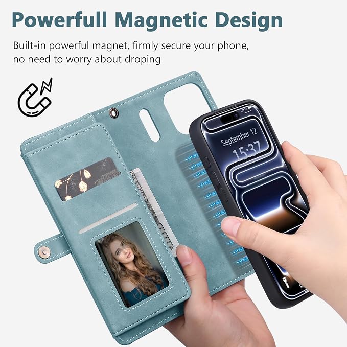 Wallet Case for iPhone 17 Pro with Card Holder/Crossbody Wallet/Strap,[RFID Blocking][Magnetic] PU Leather Phone Case for iPhone 17 Pro,6.3 in,Dream Blue