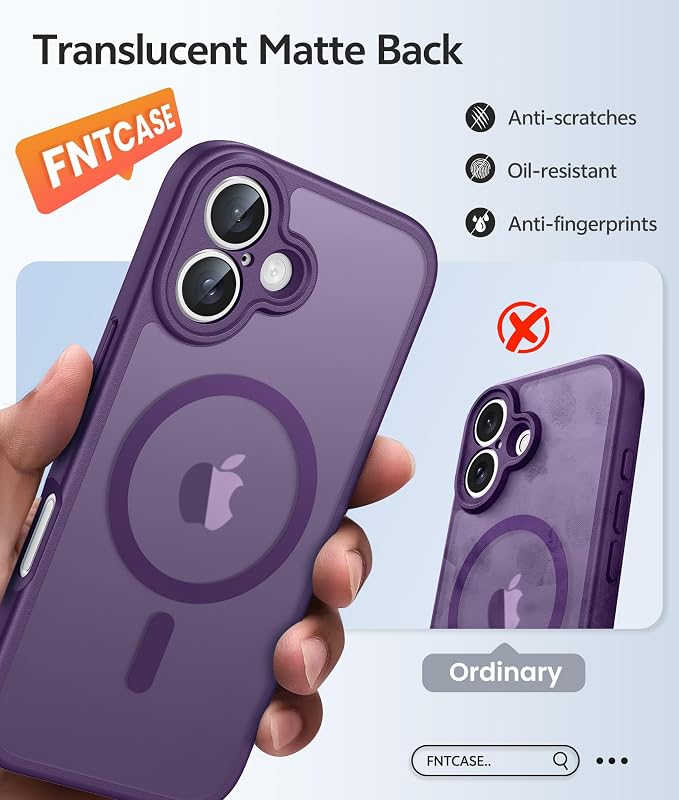 FNTCASE for iPhone 16 Case: [Compatible with Magsafe] Translucent Matte Cases with [Full Camera Protection] [Screen Protector] Military Grade Shockproof Protective Phone Cover - Purple