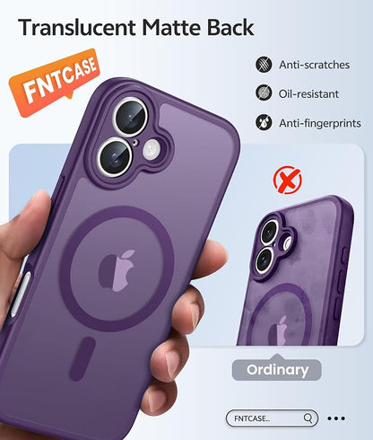 FNTCASE for iPhone 16 Case: [Compatible with Magsafe] Translucent Matte Cases with [Full Camera Protection] [Screen Protector] Military Grade Shockproof Protective Phone Cover - Purple