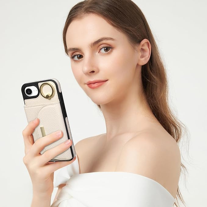 Keallce Wallet Case for iPhone 17e/iPhone 16e, Flip Case with Card Slots, Ring Holder Kickstand, PU Leather Protective Folio Cover for Women, Beige