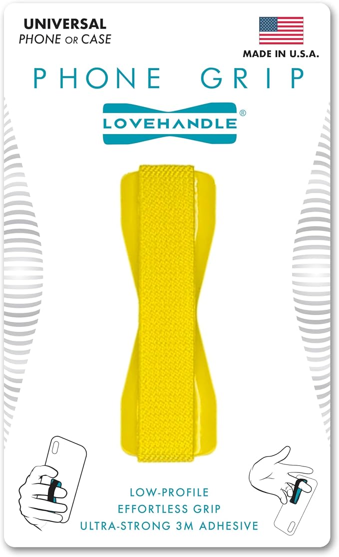 LOVEHANDLE Universal Phone Grip for Smartphones & Mini Tablets - Phone Holder for Hand - Wireless Charging Compatible - Made in The USA - Yellow