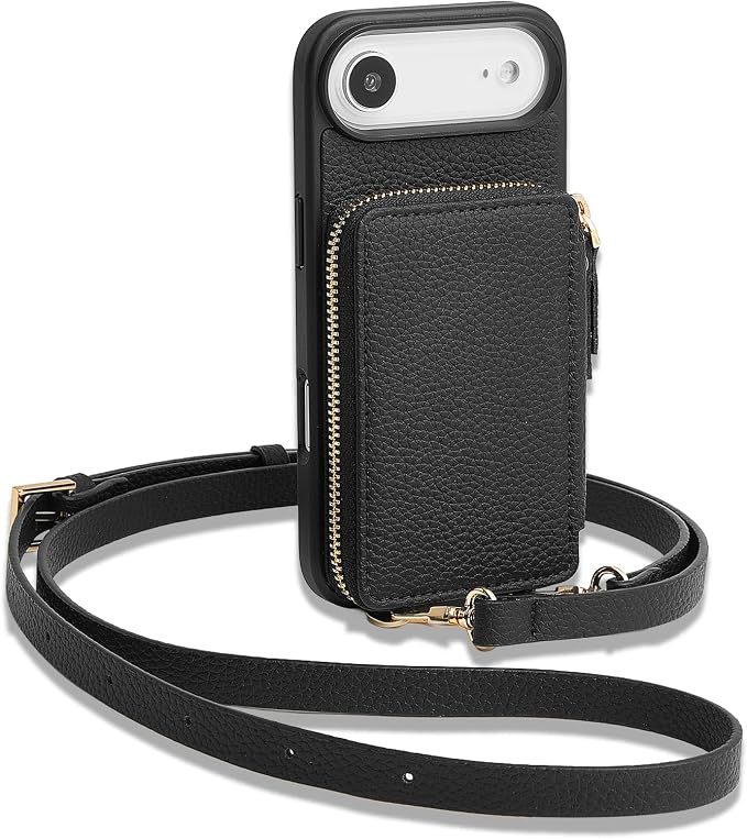 ZVE for iPhone Air Wallet Case with Card Holder, Zipper Crossbody Purse with Wrist Strap for Women 6.5" Black