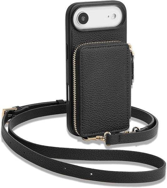 ZVE for iPhone Air Wallet Case with Card Holder, Zipper Crossbody Purse with Wrist Strap for Women 6.5" Black