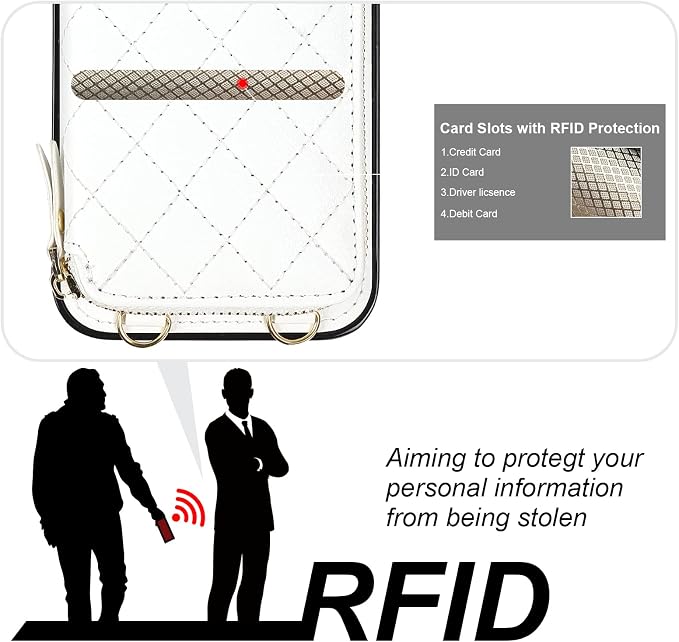 Bocasal Crossbody Wallet Case for iPhone 14 Plus, RFID Blocking PU Leather Zipper Handbag Purse Flip Cover, Kickstand Folio Case with Card Slots Holder Wrist Strap Lanyard 5G 6.7 Inch (White)