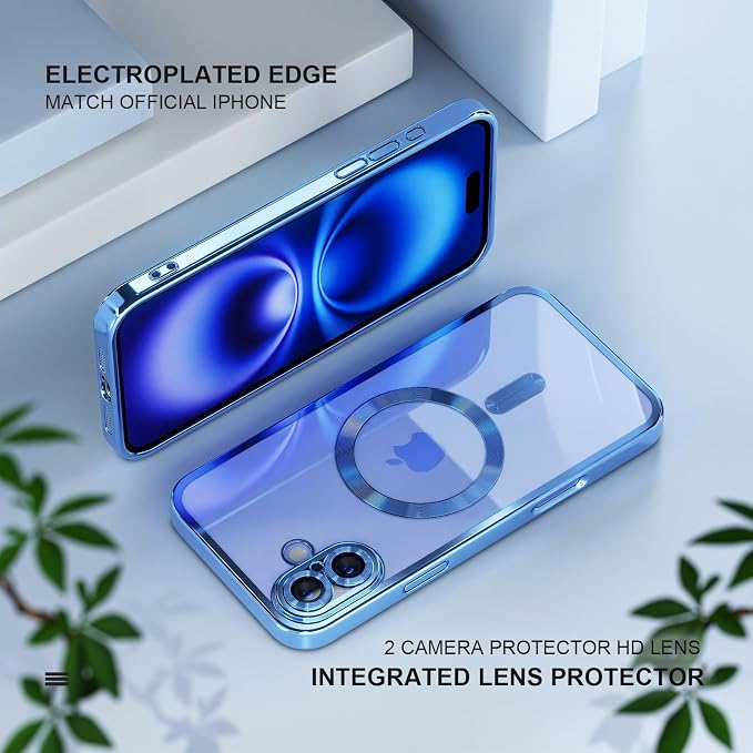 Misea Magnetic for iPhone 16 Case Compatible with MagSafe [Never Yellowing] [Military Grade Drop Protection] Full Camera Lens Protector Plating Soft Clear Phone Case for Women 6.1 inch, Sierra Blue