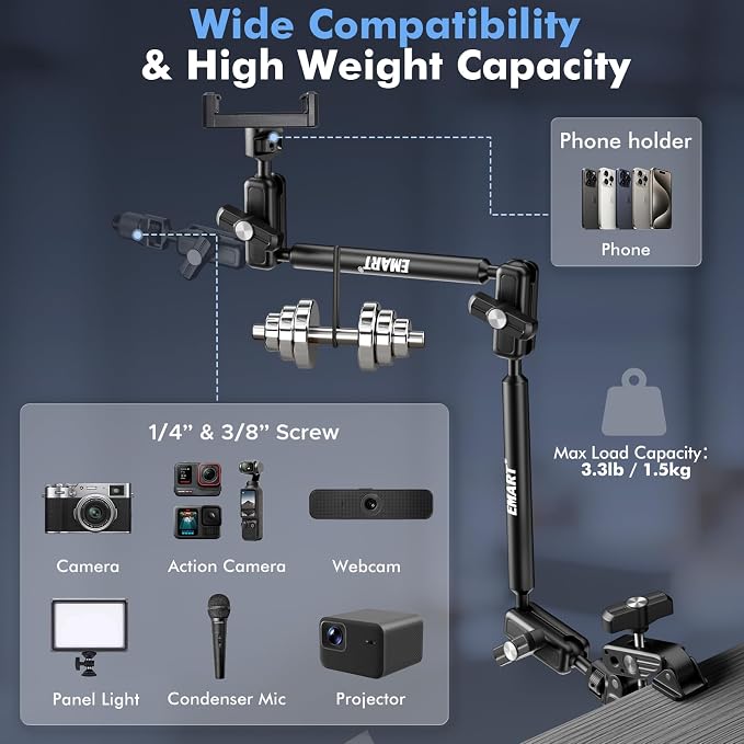 EMART Overhead Phone Mount with 22" Magic Arm, Super Clamp with 1/4" 3/8" Threads for ARRI, Flexible Camera Desk Mount, Adjustable Articulating Boom Arm for Webcam/Mic/Action Camera/Phone/Video Light