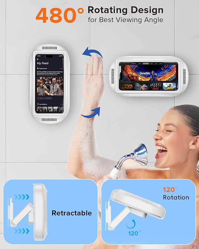 3rd GEN Shower Phone Holder Waterproof & Anti-Fog, HD Touch Screen, Enhanced Sound, Retractable 480° Adjustable Phone Holder for Shower, Kitchen, Easy Install, Perfect for 4-7 inch Phones