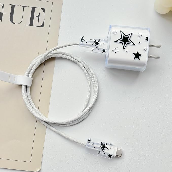 Lovmooful Compatible for iPhone 18W/20W USB-C Charger Cover Clear Lovely Star Design Soft Charger Protector Cute Cable Case Saver Protector for Girls Women-Black Star