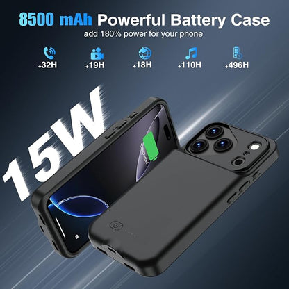 GIN FOXI Battery Case for iPhone 17 Pro, Charging Case Charger 8500mAh Ultra-Slim Lightweight Powerful Battery Pack 15W Fast Rechargeable Anti-Fall TPU Juice Box for iPhone 17 Pro (6.3") Black