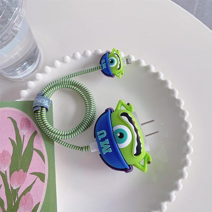 3D Cute Cartoon Charger Protector Case - Compatible for Apple 20W USB-C Power Adapter and Lightning Cable (Green 01)