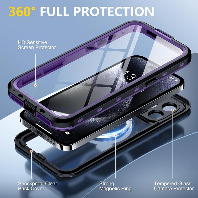 Red2Fire for iPhone 15 Pro Case Waterproof, [Built-in Screen Protector & Camera Protector][Compatible with MagSafe][Full Body Shockproof][IP68 Waterproof][Dustproof] Phone Case 6.1" Purple/Clear
