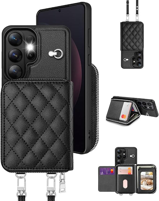 OCASE Compatible with Samsung Galaxy S26 Ultra Crossbody Wallet Case with Card Holder, PU Leather Zipper Handbag Phone Purse with RFID Blocking Kickstand Wrist Strap Lanyard, Black