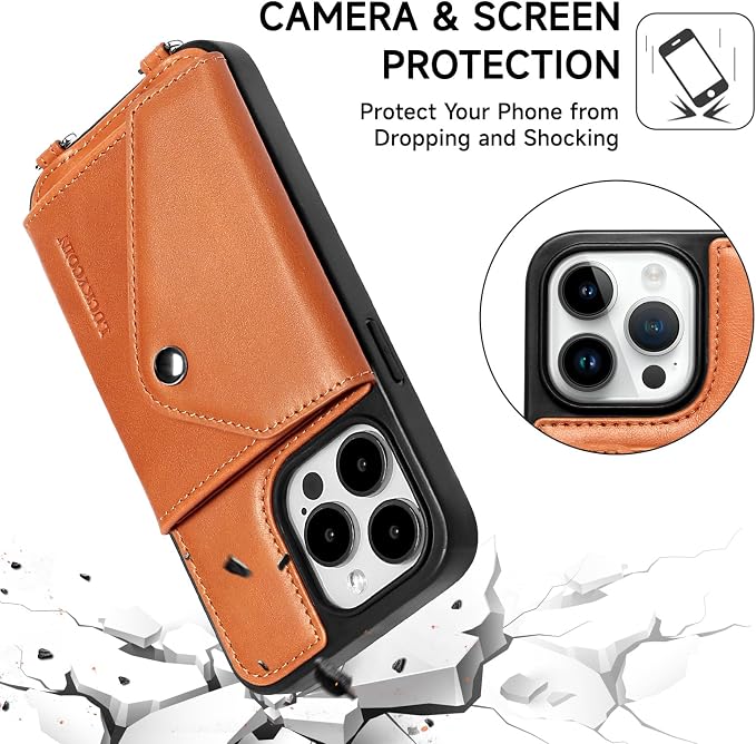 LUCKYCOIN for iPhone 15 Pro Crossbody Wallet Case – Genuine Leather Phone Purse with Adjustable Strap and Card Holder,Lanyard Phone Purse Case for Women,Vintage Brown