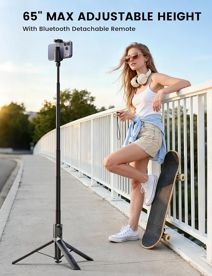 Lamicall 65" Phone Tripod & Selfie Stick - [Tap-to-Open] iPhone Tripod with Remote & Cold Shoe, Aluminum Phone Stand for Recording Compatible with iPhone for Video Recording Live Stream Vlog Black