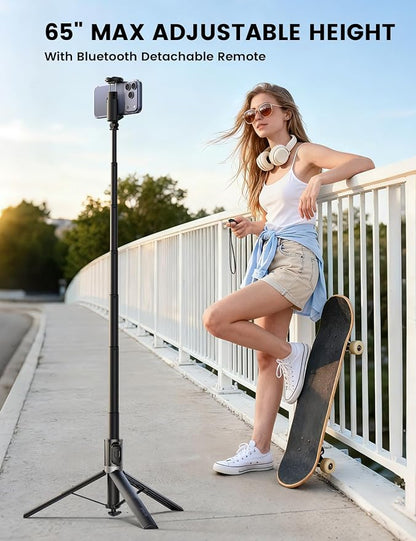 Lamicall 65" Phone Tripod & Selfie Stick - [Tap-to-Open] iPhone Tripod with Remote & Cold Shoe, Aluminum Phone Stand for Recording Compatible with iPhone for Video Recording Live Stream Vlog Black