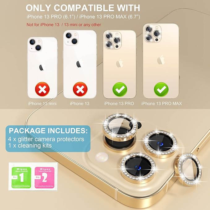 Choiche Compatible for iPhone 13 Pro/iPhone 13 Pro Max Camera Lens Protector Bling, 9H Tempered Glass Camera Cover Screen Protector Metal Ring Decoration Accessories (Diamond-Gold)