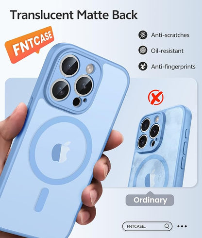 FNTCASE for iPhone 15 Pro Max Case: [Compatible with Magsafe] Translucent Matte Cases with [Full Camera Protection] [Screen Protector] Military Grade Shockproof Protective Phone Cover - Light Blue