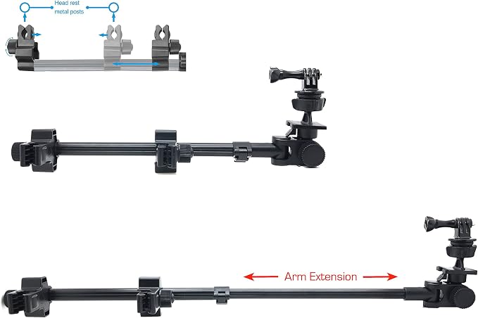 ChargerCity Secure Dual Post Lock Telescopic Headrest Mount w/Sliding Aluminum arm for Insta 360 & GoPro Fusion Action Camera