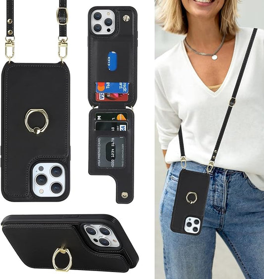 Lipvina for iPhone 13 Pro Max/iPhone 12 Pro Max Case with Card Holder for Women,Crossbody Strap Lanyard,Credit Card Holder,Ring Stand,Snap Clasp,Cute Wallet Case 6.7 inch (Black)