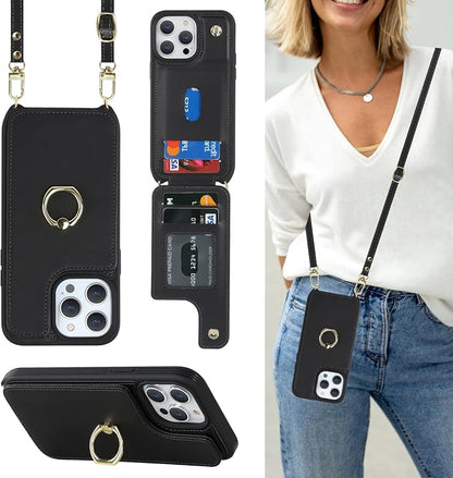 Lipvina for iPhone 14 Pro Max Case with Card Holder for Women,Phone Case with Strap,Crossbody Lanyard,Ring Stand,Snap Clasp,Cute Wallet Cases 6.7" (Black)