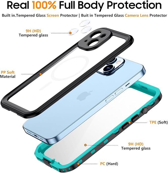 Temdan Magnetic for iPhone 14 Case Waterproof [Compatible with MagSafe] [IP68 Underwater] [Built-in Camera Lens & Screen Protector] Full Body Shockproof Phone Case Blue