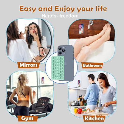 Double Sided Silicone Suction Phone Holder Mount, Silicon Accessory for iPhone and Android, Hands-Free Mirror Shower Phone Holder, TikTok Videos and Selfies (Green+Turquoise)