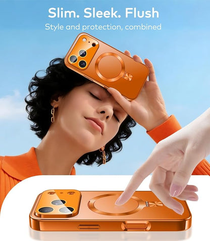 Magnetic for iPhone 17 Pro Case with Ring Stand, Fits MagSafe, with Built-in Camera Cover, Slim Electroplated Shockproof Phone Case, Orange
