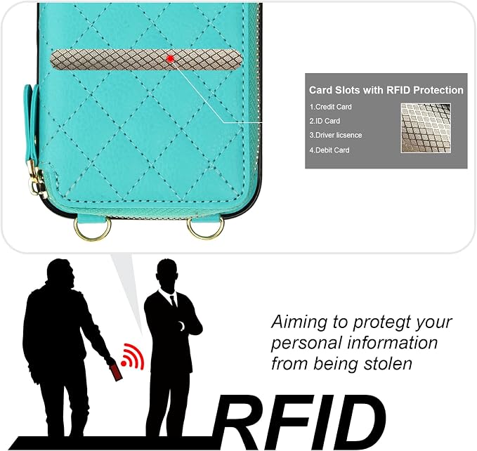 Bocasal Crossbody Wallet Case for iPhone 16 Pro Max, RFID Blocking PU Leather Zipper Handbag Purse Flip Cover, Kickstand Folio Case with Card Slots Holder Wrist Strap Lanyard 5G 6.9 Inch (Mint Green)