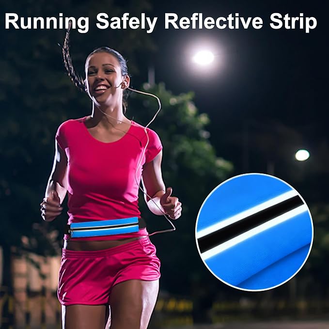 Slim Running Belt For Men and Women Waist Fanny Pack Phone Holder Pouch Bag Reflective Zipper Pocket Workout Cycling Fitness Bright Blue