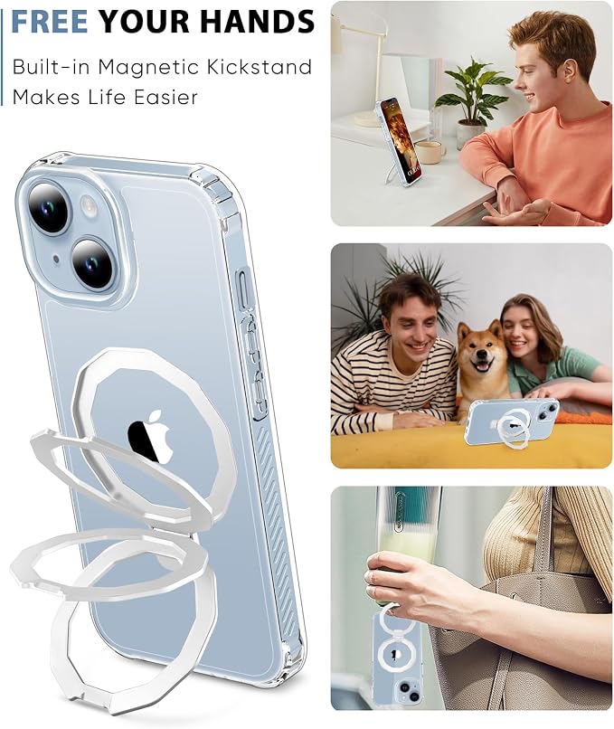 for iPhone 14 Case, with Screen Protector + Camera Lens Protector, Built-in Seamless Stand, [Compatible with MagSafe] Protective Shockproof Phone Case, Cover for iPhone 14 - Clear
