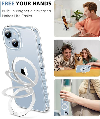 for iPhone 14 Plus Case, with Screen Protector + Camera Lens Protector, Built-in Seamless Stand, [Compatible with MagSafe] Protective Shockproof Phone Case, Cover for iPhone 14Plus - Clear