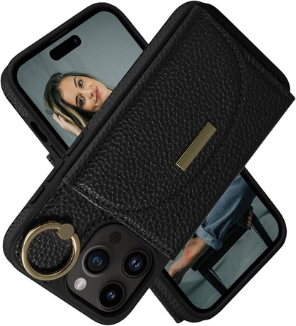 Keallce Wallet Case for iPhone 16 Pro Max 6.9'', Flip Case with Card Slots, Ring Holder Kickstand, PU Leather Protective Folio Cover for Women, Black
